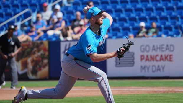 Feb 27, 2024; Port St. Lucie, Florida, USA; Miami Marlins pitcher A.J. Puk (35) pitches against the New York Mets in the first inning at Clover Park. Mandatory Credit: Jim Rassol-USA TODAY Sports  